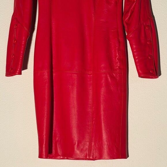 Vintage 80s 90s Red Leather Pencil Dress Mod Wife Rock Grunge Holiday Party XS - Picture 6 of 16
